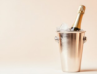 Champagne bottle chilled in a metal bucket with ice