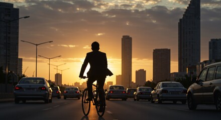 Silhouetted businessman cycles through city traffic at sunset, a powerful image of urban commuting and ambition.