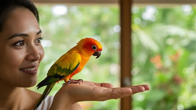 Woman holding sun conure near window, green background, pet care
