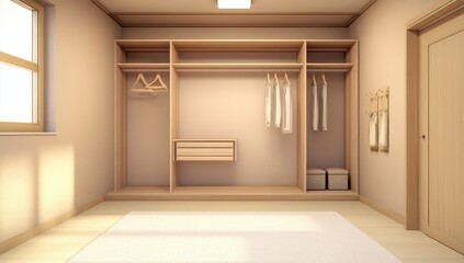 Fototapeta premium Empty light beige walk-in closet with wooden accents, natural light
