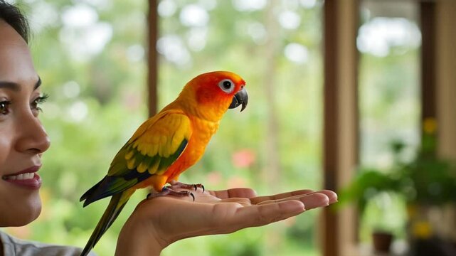 Woman holds sun conure parrot indoors, green background, nature scene, pet adoption