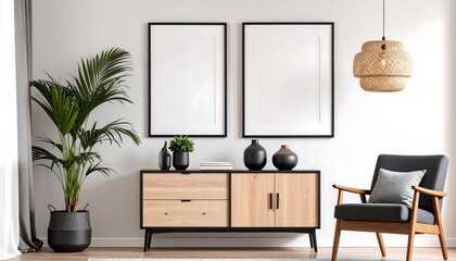 Modern Living Room Interior with Blank Frames with Plant  Stylish Furniture.