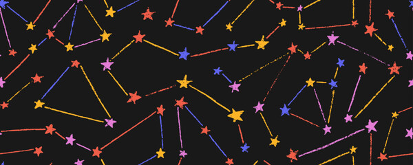Night sky seamless pattern with colorful constellations and stars. Crayon drawn doodle starry background. Funky childish constellations seamless banner background. Night sky map wallpaper. © Anastasiia Hevko