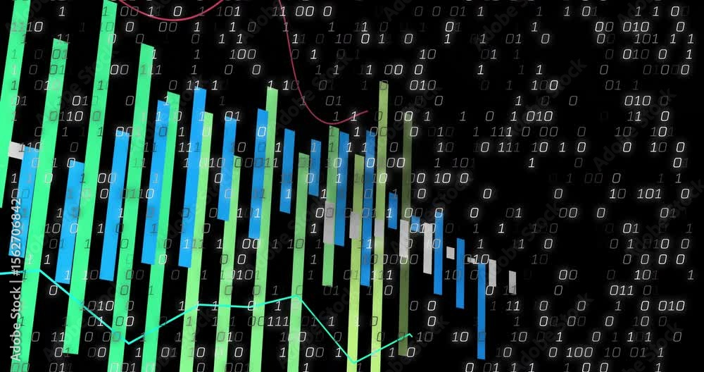Poster binary digits drifting causing bars growing and shrinking while lines tracking market trends