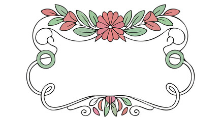 Art Nouveau floral frame with pink flowers. Elegant vintage border for a wedding invitation or label. Hand-drawn line art PNG on transparent background.
