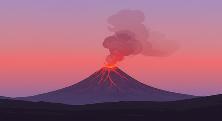 Obraz premium Erupting Volcano at Dusk: Stylized Volcanic Landscape