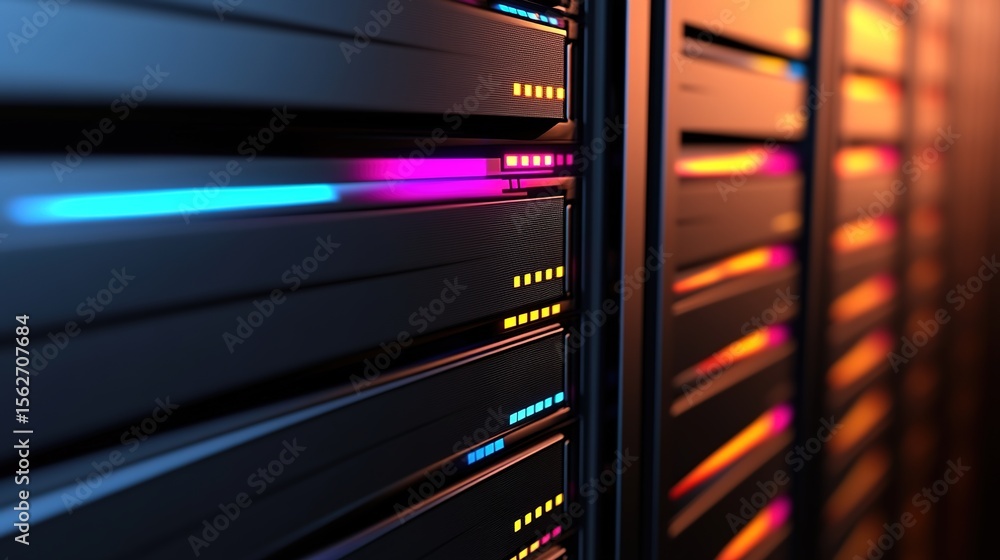 Poster colorful led lights on high-tech server hardware in data center