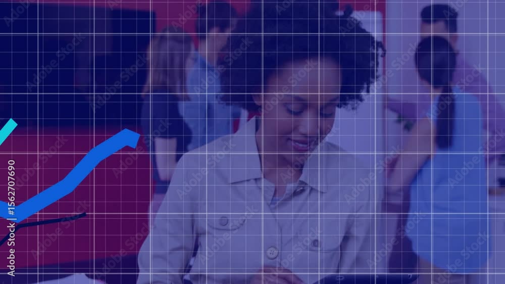 Poster woman tapping pad and analyzing business data, initiating line chart animation on grid and smiling