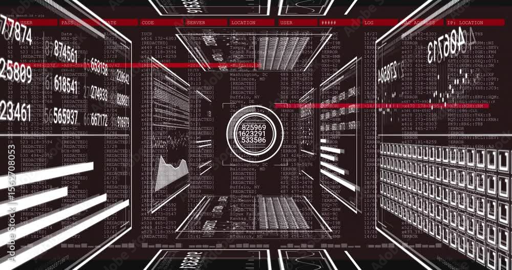 Poster wireframe corridor opening tunnel, red beam scanning data panels and updating readout for analysis