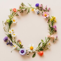 Floral wreath arrangement on pastel background