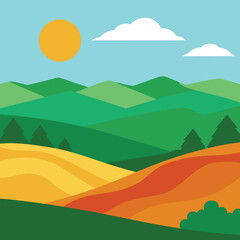 Fototapeta premium Wide Landscape View of Rolling Hills Vector Design Illustration