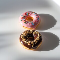 Two perfectly round donuts evenly spaced in a triangular arrangement directly on a plain white background&mdash;no props or plate. One has pink glaze with rainbow sprinkles.