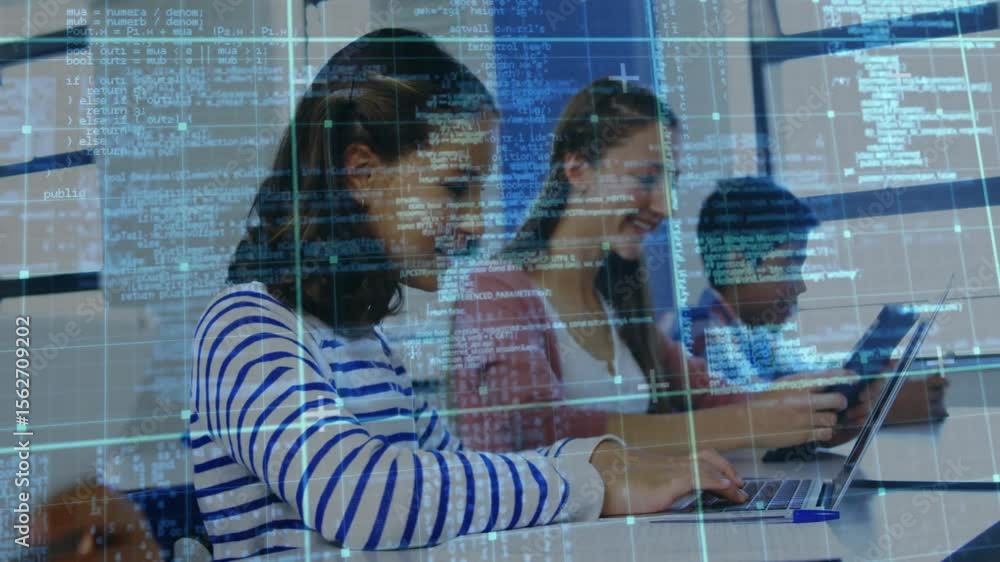 Poster front student typing on laptop in classroom with partner pointing at code overlay starting teamwork