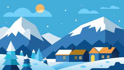 Winter holiday landscape with houses and trees, a festive snowy night scene illustration