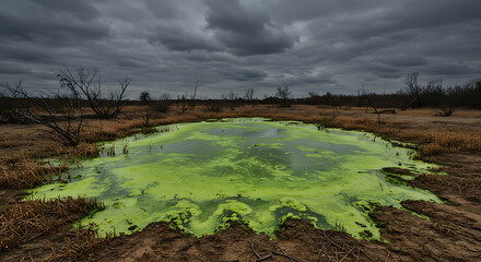 Stormy Sky over Bright Green Algae Bloom in Arid Landscape