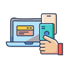 Fototapeta premium Hand holding credit card near laptop and smartphone isolated on transparent background