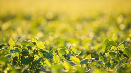 Fototapeta premium A vibrant green soybean field with a blurred background, illuminated by sunlight, showcasing the lush green leaves and stems of the soybeans.