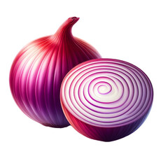 Whole red onion and sliced red onion showing concentric rings isolated on transparent background