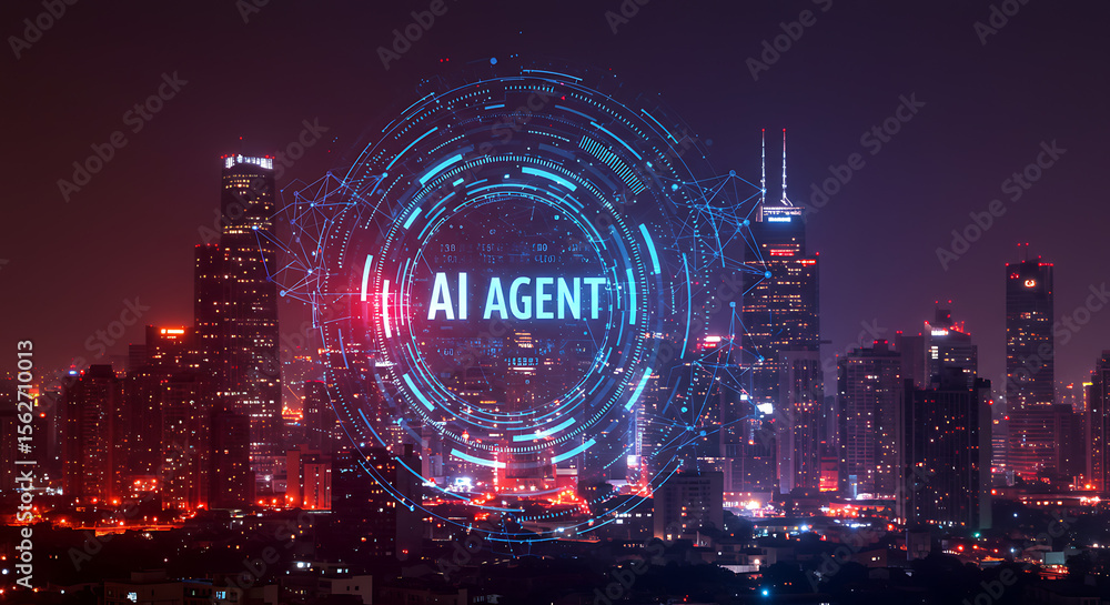 Poster futuristic ai agent interface overlaying a vibrant cityscape at night with glowing data streams and 