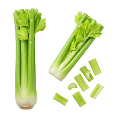 Fresh celery stalks and sliced pieces isolated PNG with Transparent Background