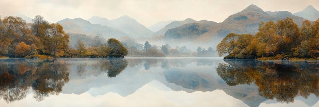 Serene autumnal lake reflecting misty mountains and colorful trees.