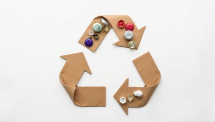 Fototapeta premium Recycling symbol made of brown paper with bottle caps and buttons 