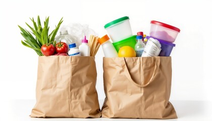 Two paper grocery bags filled with various food items and containers  