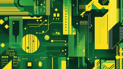 Abstract, vibrant graphic design featuring a complex network of shapes