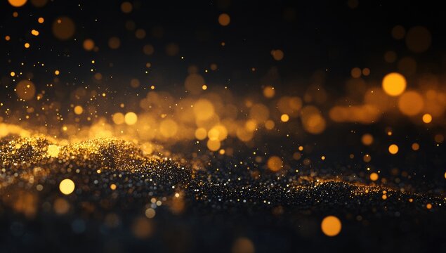 Golden particles cascade on a dark surface.  Blurred, glowing orbs and fine dust create a dynamic, festive scene