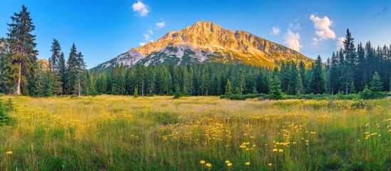 Majestic mountain peak overlooking a vibrant meadow.