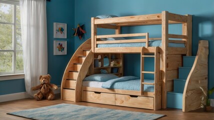 A wooden bunk bed with stairs in a blue room with a teddy bear and a blue rug on the floor