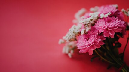 Pink and white flowers on red background.