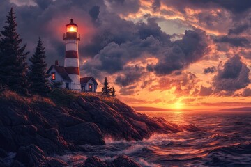 Dramatic sunset over a rocky coastline with a lighthouse (1)