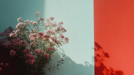 Pink flowers, teal and red background, sunlight shadow.