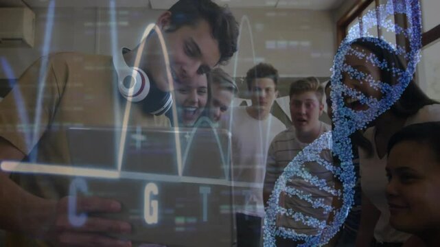 Teenagers opening laptop in lab and confirming DNA pairing with animated helix, chromatogram peaks