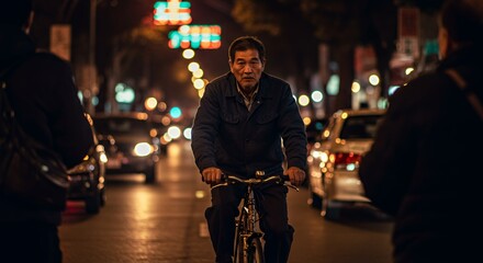 Night City Cyclist: An elderly man pedals his bicycle through a blurred cityscape at night, his determined expression visible amidst the glowing
