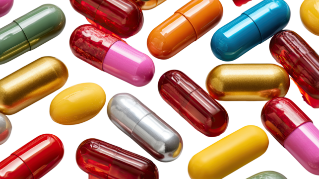 Colorful Pharmaceutical Spectrum: A vibrant array of diverse colored capsules, each representing a specific medicinal purpose, creating a striking visual representation of healthcare and wellness. 