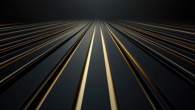 Perspective view of parallel, dark, metallic lines with gold accents, converging into a vanishing point