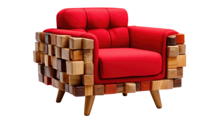 Artistic Seat of Comfort: An eye-catching, modern armchair showcases a fusion of rustic wood and vibrant red upholstery, inviting a moment of relaxation in a setting of contemporary design.