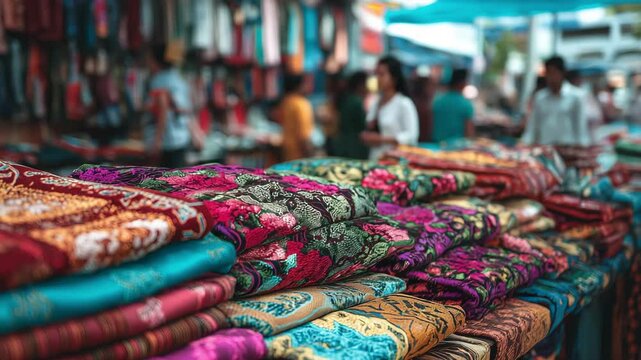 Stacks of richly patterned fabrics fill a bustling open-air bazaar in india. Concept of vibrant textile commerce.