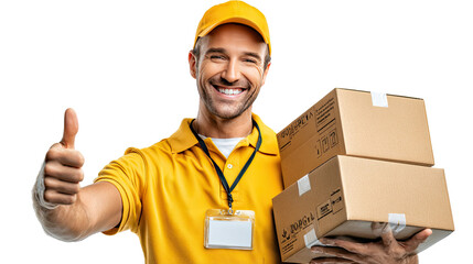 Delivery Guy with Boxes: A smiling delivery person in a yellow uniform, holding two packages and giving a thumbs-up, embodies reliability and efficient service.