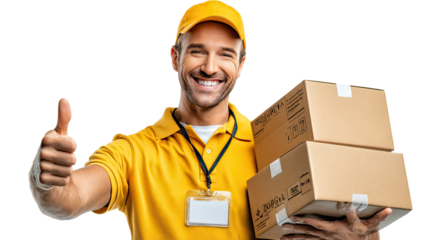 Delivery Guy with Boxes: A smiling delivery person in a yellow uniform, holding two packages and giving a thumbs-up, embodies reliability and efficient service.