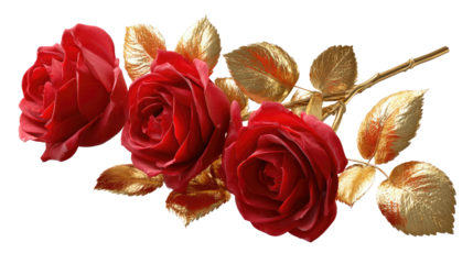Golden-kissed roses: A captivating still-life of three vibrant red roses, each delicately touched with gleaming gold accents. A perfect symbol of enduring beauty and grace.