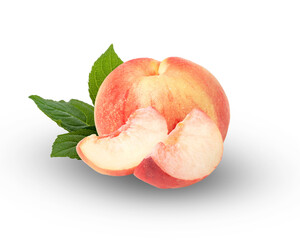 peach with slices and leaves isolated on transparent background