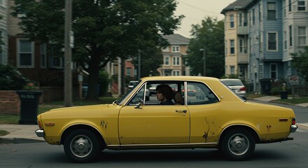 Young person drives a vintage yellow car down a residential street, sunlight casting shadows on the houses.