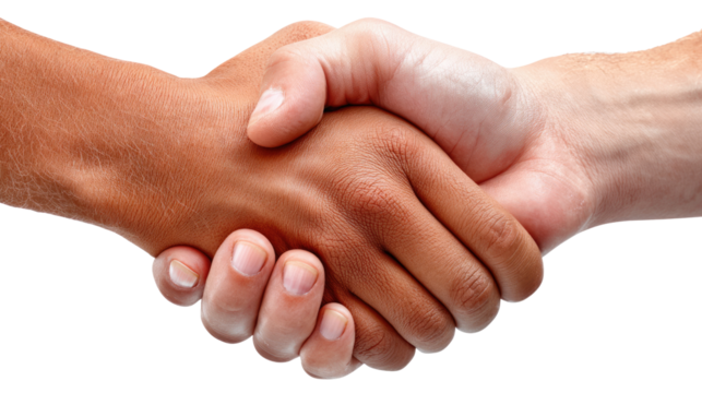 Partnership in Handshake: A close-up shot of two hands clasped in a firm handshake, symbolizing agreement, respect, and solidarity. The contrasting skin tones celebrate diversity and collaboration.