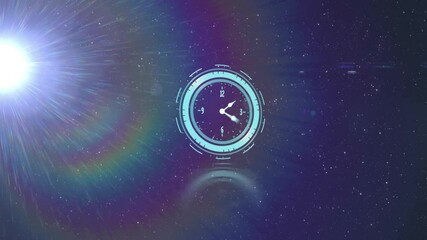 Sun-like light flaring clock fading in, cyan ring sweeping breaking, hands converging vanishing - Powered by Adobe