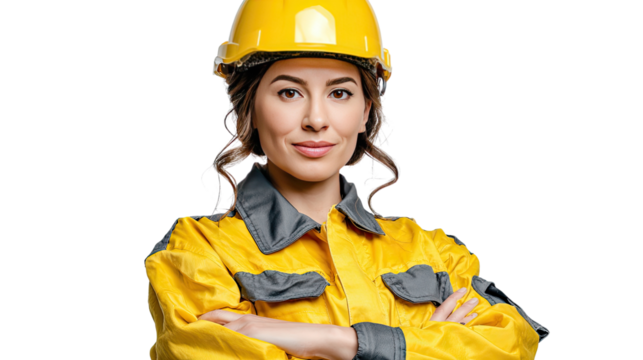 Female Construction Worker: A young female construction worker with a warm smile stands confidently, wearing a yellow safety helmet and jumpsuit, embodying expertise and empowerment.
