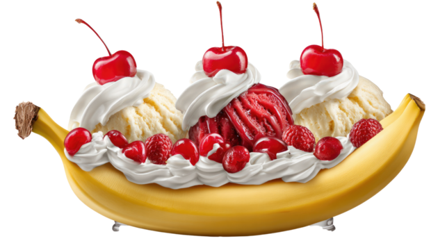 Banana Split Paradise: A luscious banana split, a symphony of flavors and textures, featuring creamy ice cream, ripe cherries, fresh raspberries, and swirls of whipped cream.