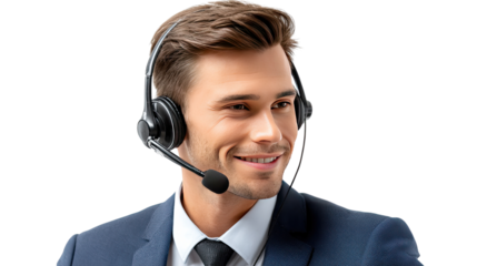Help Desk Professional: A friendly, approachable man smiles while providing technical assistance, showcasing the warmth and efficiency of customer support in a professional environment. 